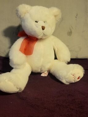 Plush White Teddy Bear with Red Ribbon - Soft Kids Toy